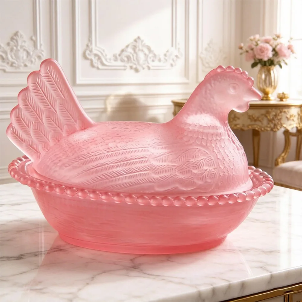 Hen On Nest Glass Dish, Crystal Glasses Candy Dish With Lid Hen-Shaped Chicken Fruit Bowl Dessert Snacks Plate Retro Bowl Jar