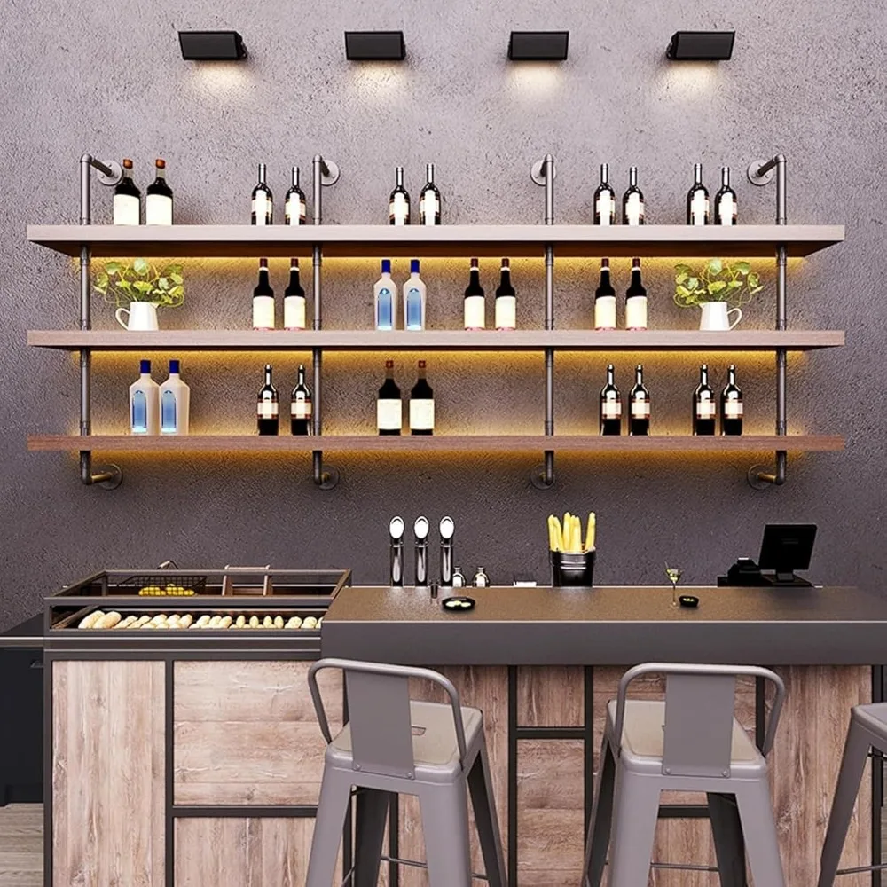 Large Wine Rack with LED Light Solid Wood Wall Mounted Wine Rack, 3-Tiers Liquor Bottles Floating Shelves Display Storage