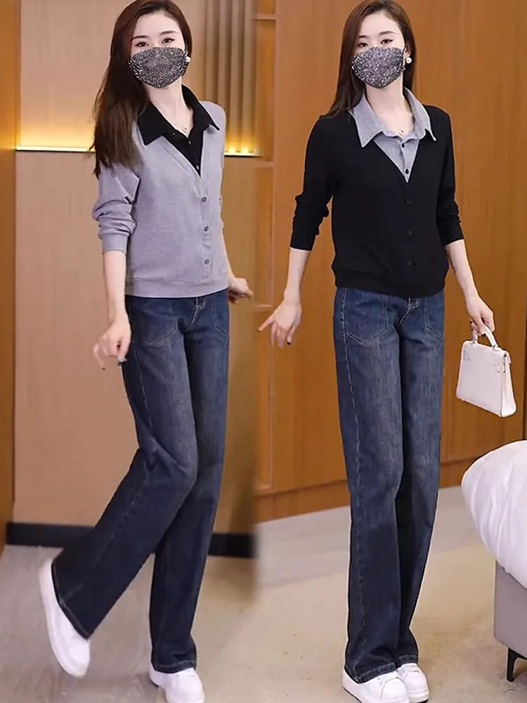 Slim Fit Wide Leg Jeans Shirt Set Women's Fashion Fake Two-Piece Spring Autumn New Style Denim Long Sleeve  Collar Button up