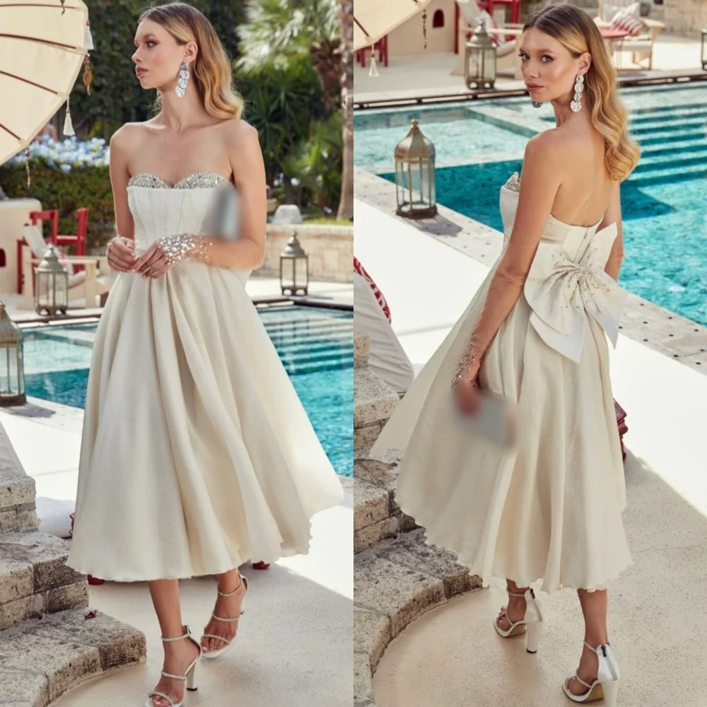 

Customized Sizes Available Chiffon Sequined Pleat Bow A-line Strapless Midi Dresses Bespoke Occasion Sexy