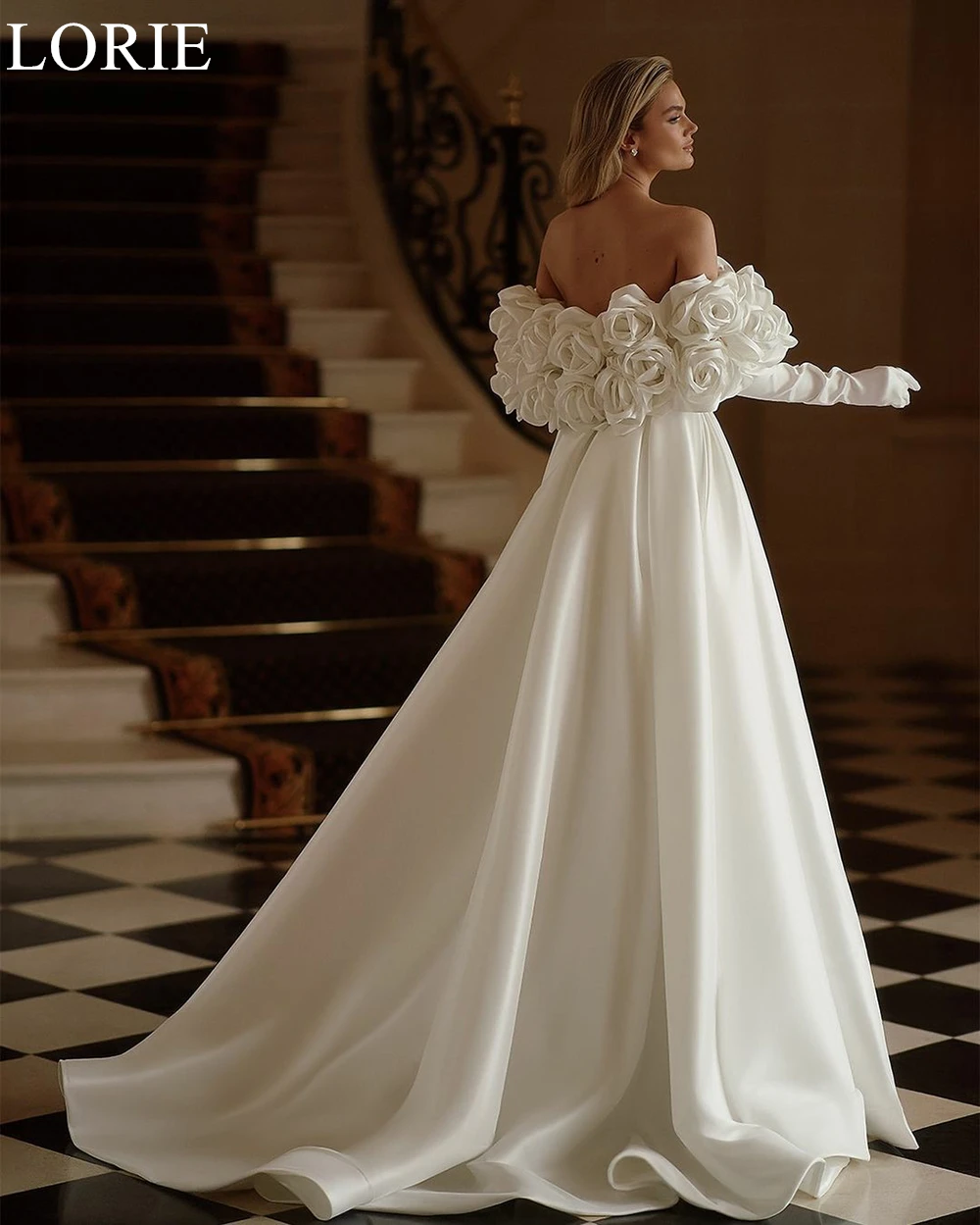 LORIE Elegant Satin Wedding Dresses A-Line Off Shoulder 3D Flowers Pleated Side Slit Bride Prom Gown 2024 Bridal Gown Customized