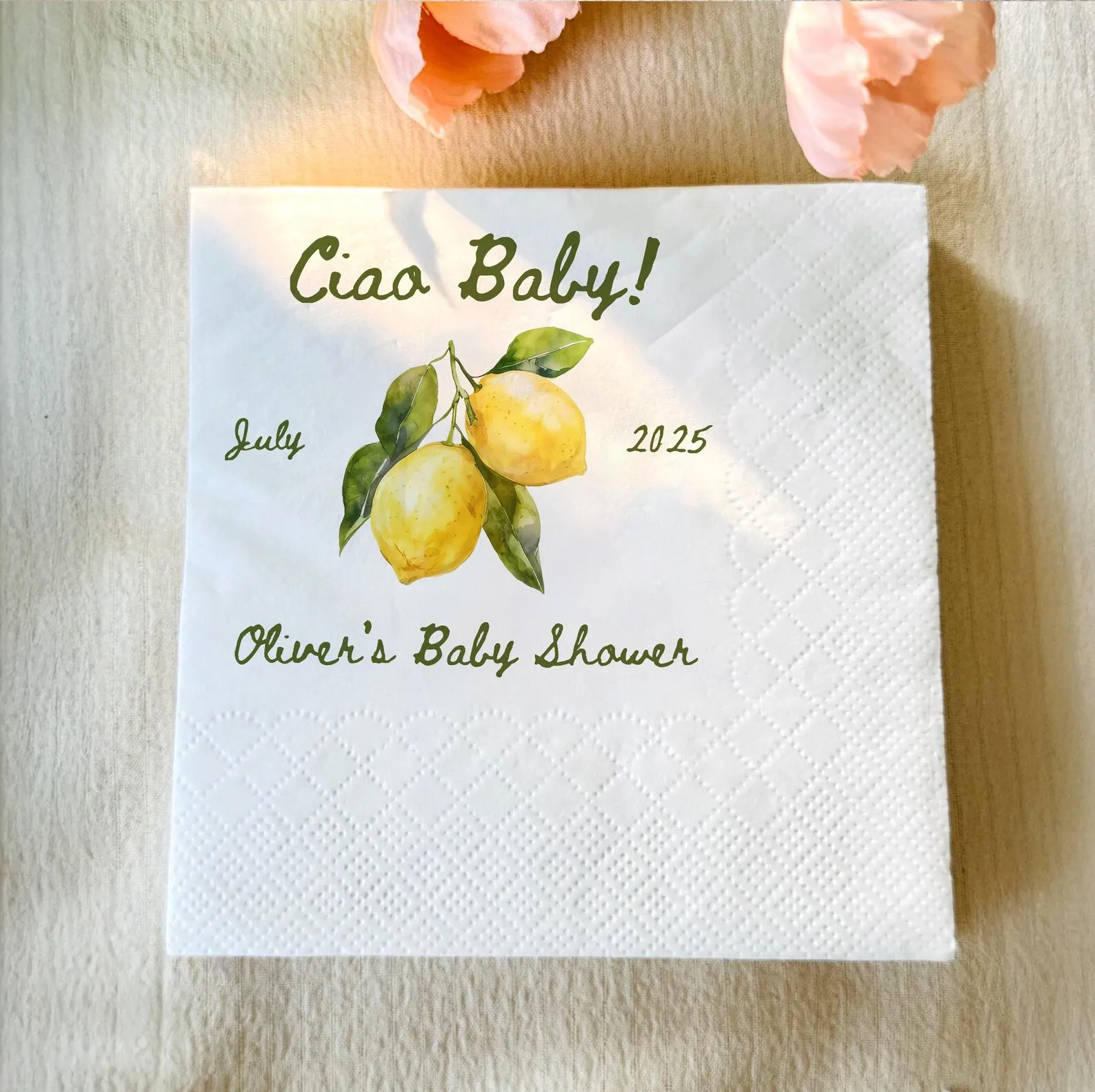 Ciao Bambina Servilletas para Baby Shower, Póster de bienvenida Servilletas con letrero para bebé en temática italiana, Ciao Bambina Welcome Baby Shower Sign Limón N