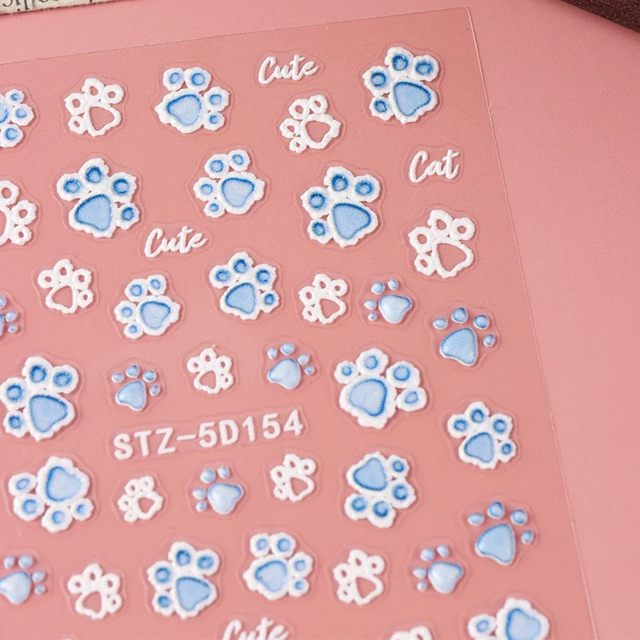2pcs Cute Blue White Cat Footprints Nail Art Sticker Cartoon DIY Self-Adhesive Decals Sliders Decorations Manicure Accessories 5