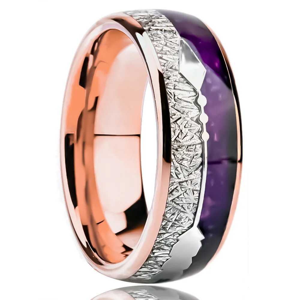

2025 New Style Light Luxury Couple Tungsten Steel Rings - Electroplated 18K Rose Gold Inlaid with Meteorite and Natural Purple A