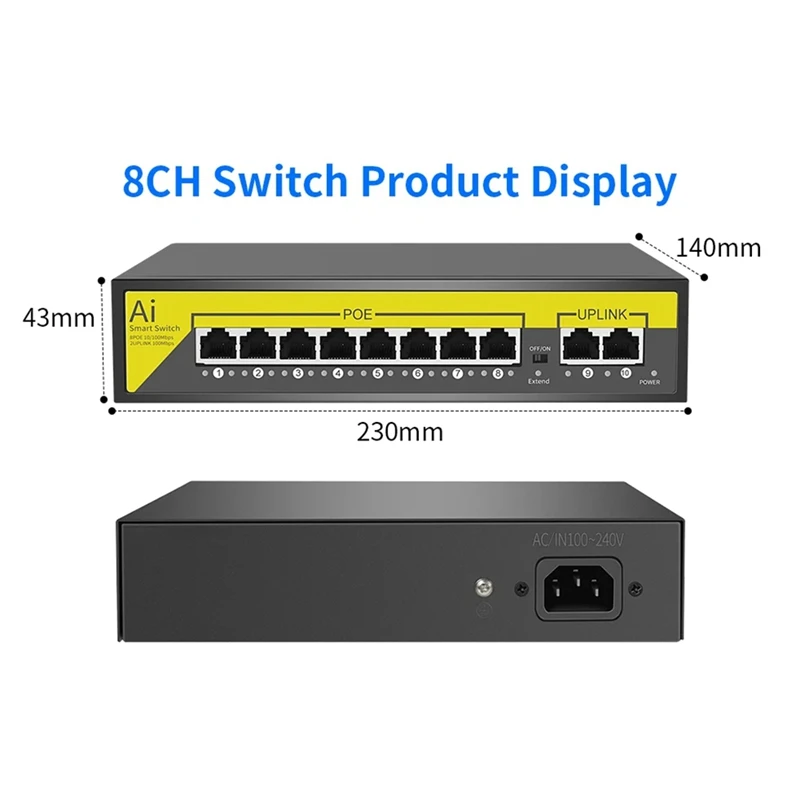 48V 8Ports POE Switch Ethernet 10/100Mbps IEEE 802.3 Af/At For IP Camera/CCTV Security Camera System/Wireless AP EU Plug