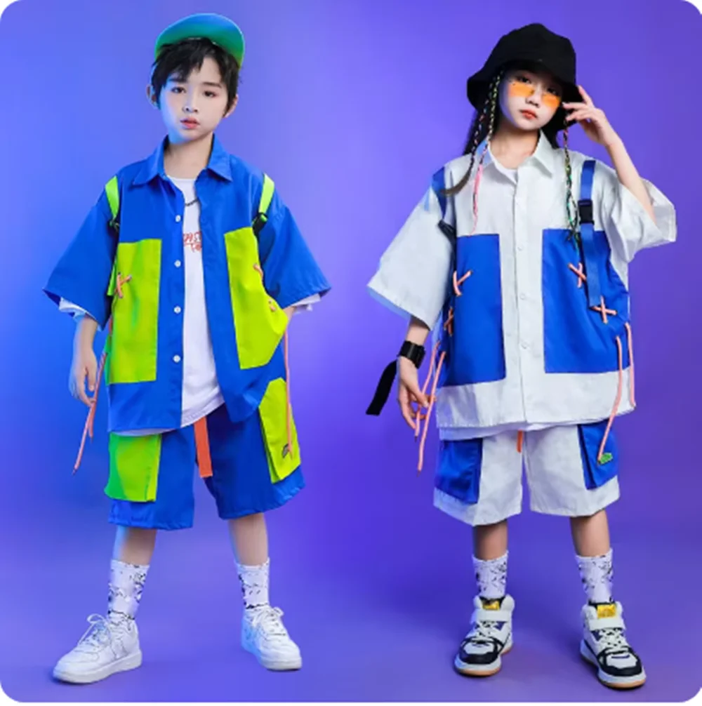 

Kids Street Dance Clothing Jazz Dancewear Girls Hip Hop Performance Fashion Clothes Kpop Stage Outfit Oversize Shirt Shorts Blue