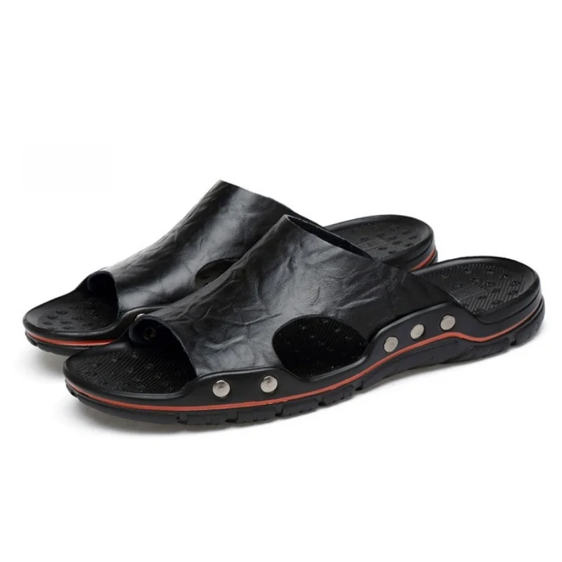 Summer Men's Sandals Cowhide Classic Men's Slippers Black Soft Slippers Plus Size Slippers lightweight Non-Slip Men's Sandals 48