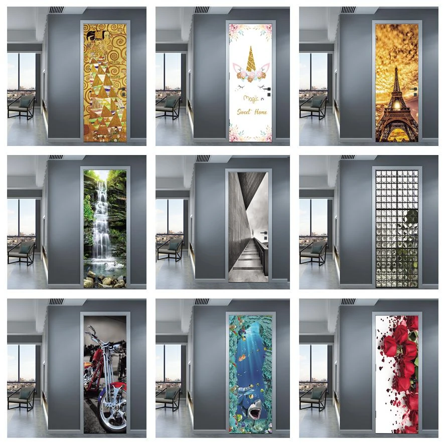 Creative 3D Door Sticker Fish Flower Motorcycle Waterfall Wallpaper Self-adhesive PVC Mural Bathroom Kitchen Doors Cover Decals