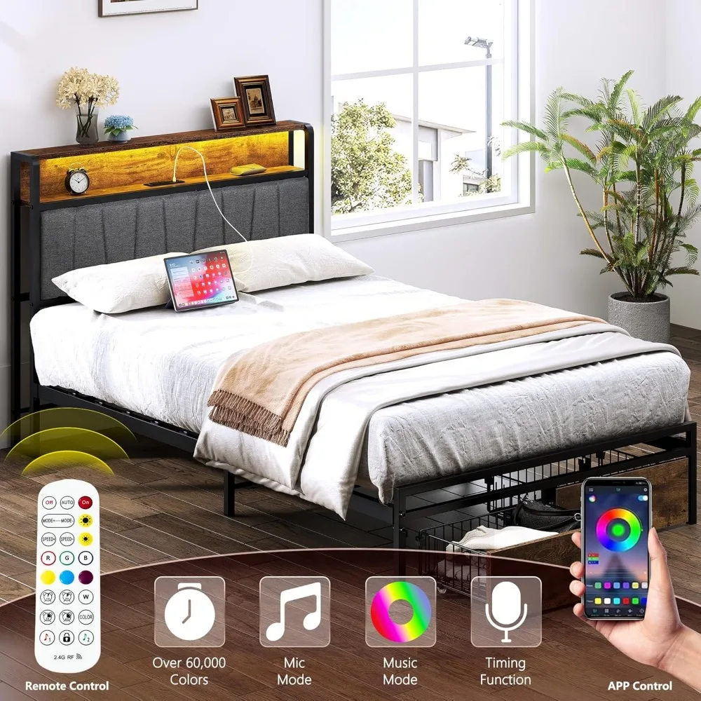 إطار سرير مزدوج الحجم من soges، لوح رأسي للتخزين مع محطة شحن، إطار سرير معدني ثابت مع أدراج، خالي من الضوضاء، بدون صندوق Spri