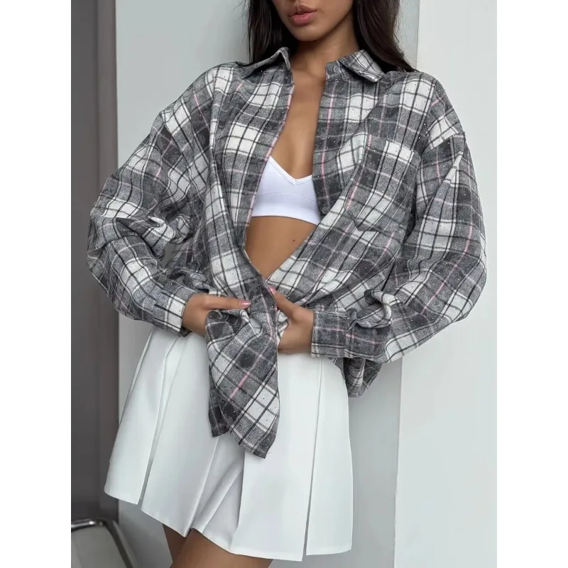 Women Autumn Loose Blouse Fashion Chic Lapel Rhinestone Casual Top Long Sleeve Korean Style 2026 Female Vintage Plaid Shirt New