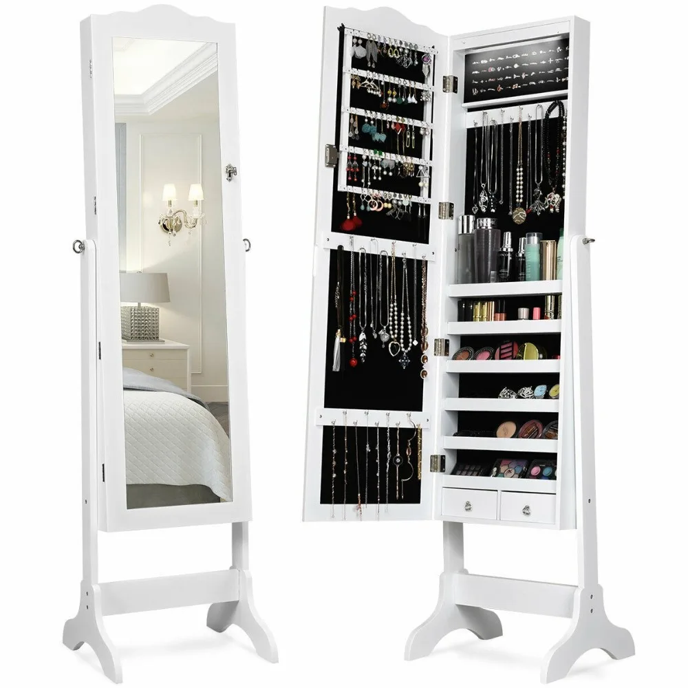 

Mirrored Jewelry Cabinet Armoire Storage Organizer w/Drawer & Led Lights White