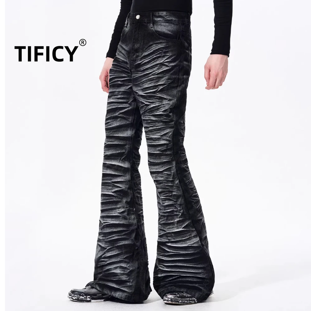 

High Street Jean Water Ripple Pleated Hot Stamping Jeans Men's High Street and Men's Loose Flared Streetwear Sliming Pants