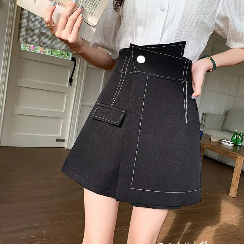 Summer and Autumn Leisure Commuting Pure Color High Waist Irregular A-Line Versatile Slim Fit Fake Two-Piece Wide Leg Pants