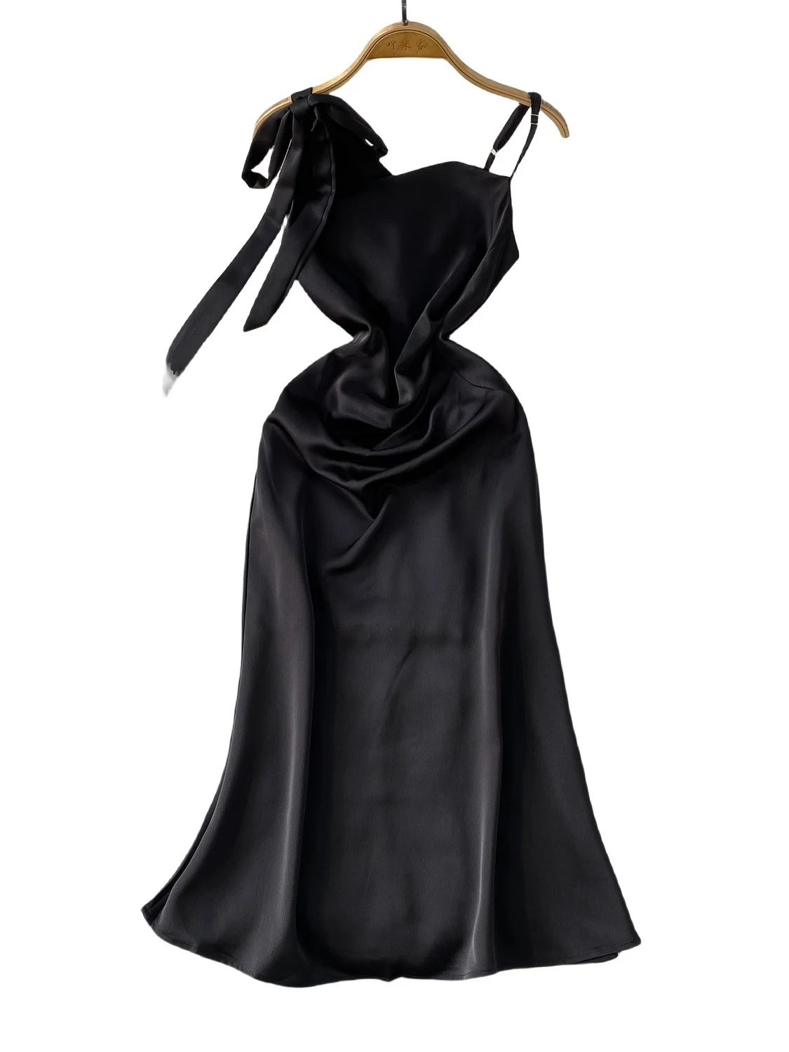 Ele Satin Wrap Dr with  Knot High Waist Slimming Long Skirt for Women Mid-Length A-Line Gown Korean Sle