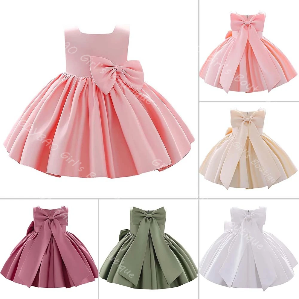 

Real Imaged Flower Girl Dress for Wedding Toddlers Simple Satin Princess Pageant Dress with Bow Baby Girls Custom Birthday Gown