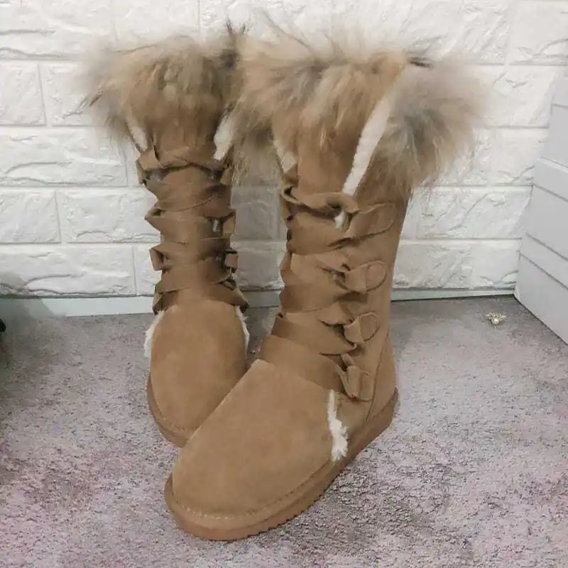 

Fur one real fox hair over the knee boots inside elevating women's boots Long boots high platform leather waterproof snow boots