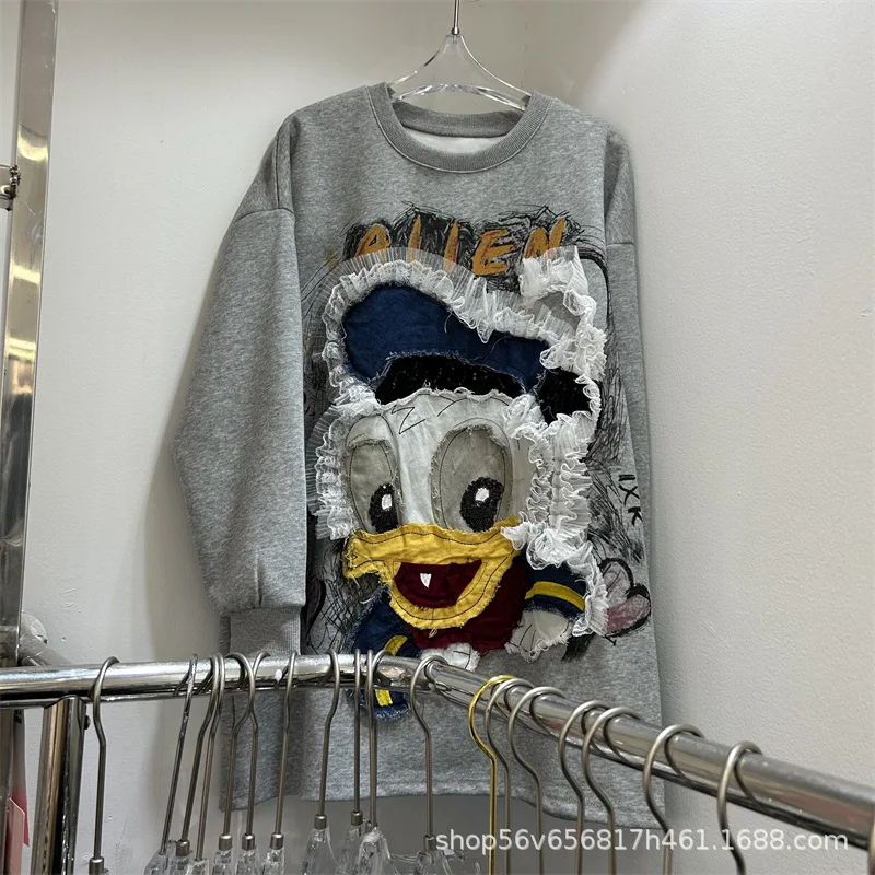 

Heavy Embroidery Cartoon Round Neck Loose Long Sleeves Sweatshirt Coat For Women's 2025 Autumn New Top Hoodies Pullover Jacket