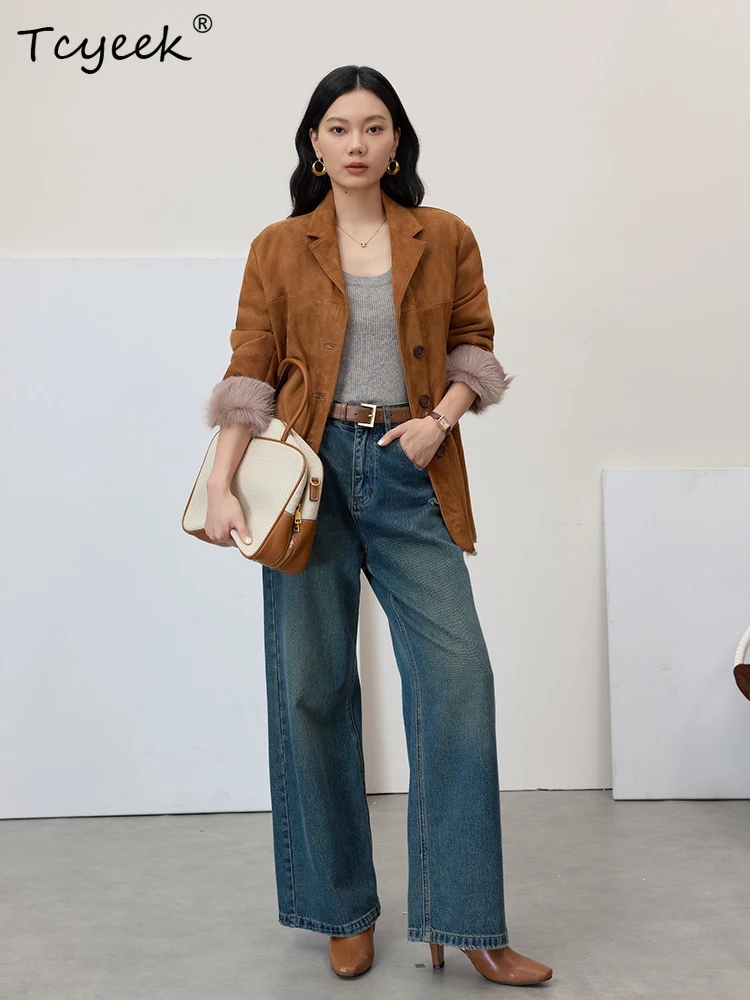 Tcyeek Prawdziwa Wełna Jesienno-Zimowa Elegancka Modna Kolor Milard Średniej Długości Damska Wełniana Peleryna z Wełny Jagnięcej Futro Fourrures Femme