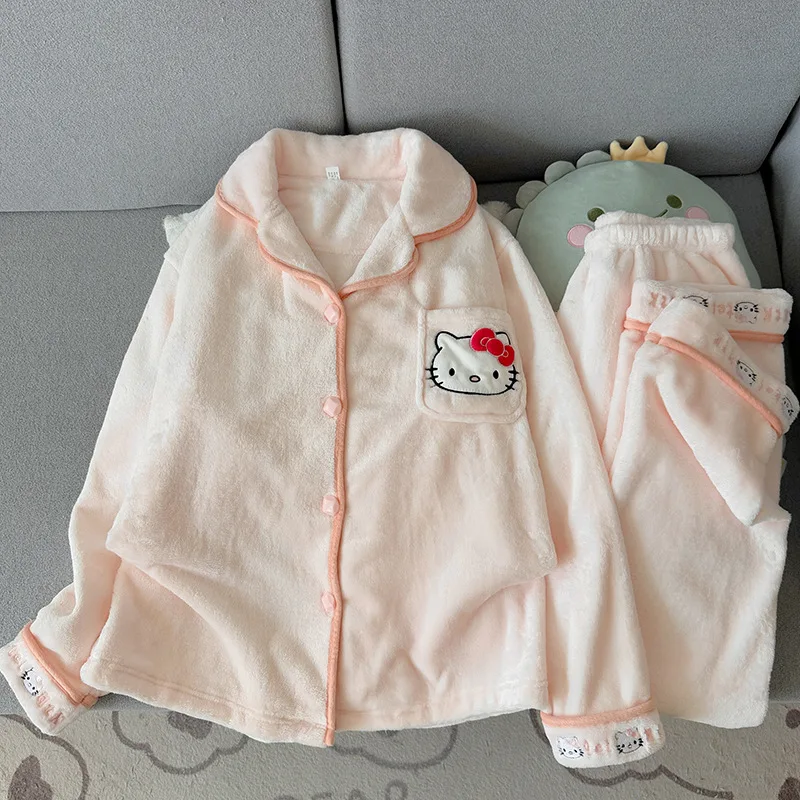 

Winter Kittys Children Plush Pajama Set Anime Thicken Cardigan Pant Sweet Parent-Child Girl Keep Warm Coral Fleece Homewear New