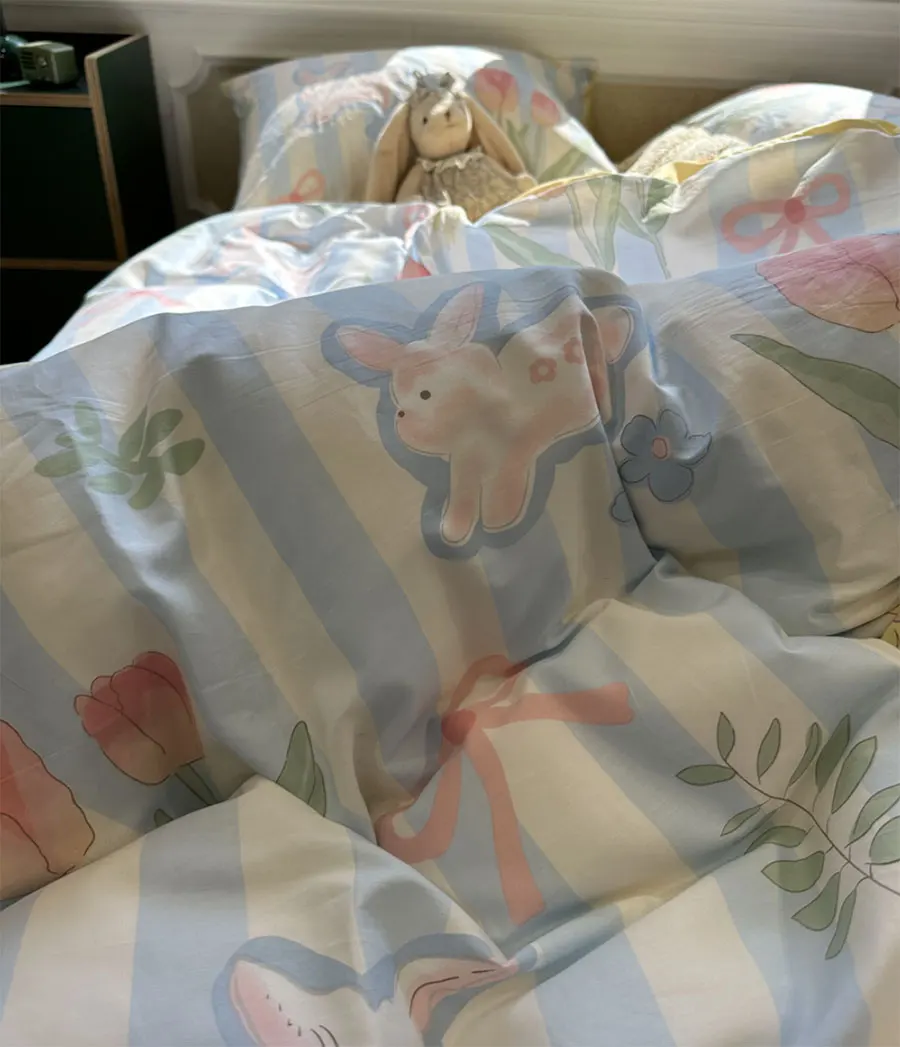 

Cute rabbit blue stripes flower beding set kid,twin full queen king lovely cotton home textile bed sheet pillow case quilt cover