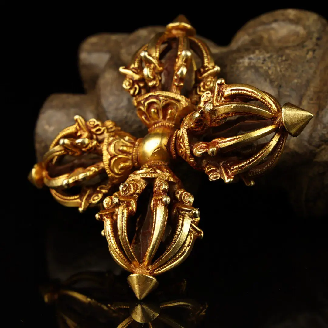 Nepal Handmade Pure Copper Nine Prong Cross Vajra Kilaya Gilt Antique Style Tibetan Buddhist Dharma Tool