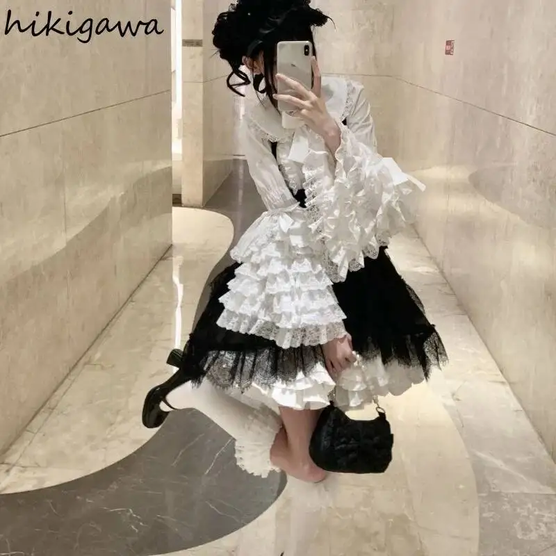 

Lolita Style Blouse Women Camisas De Mujer Peter Pan Collar Flare Sleeve Sweet Shirts Oversized Tops Lace Bow Ruffles Blouses