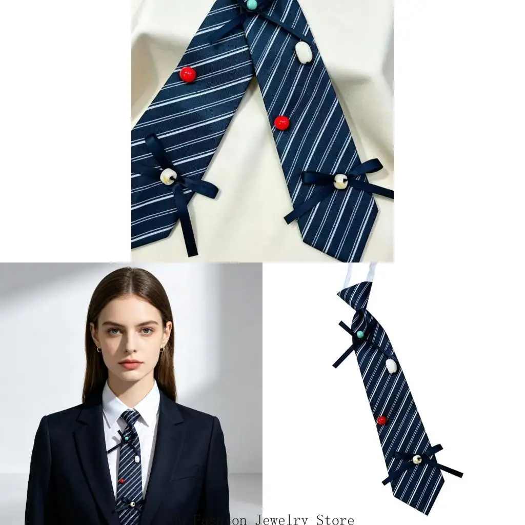 Kids Ready-Knot Necktie Blue White Patterned School Uniform Tie with Ornament Ribbon Trim, 30 Polyester Neckwear for Picture Day