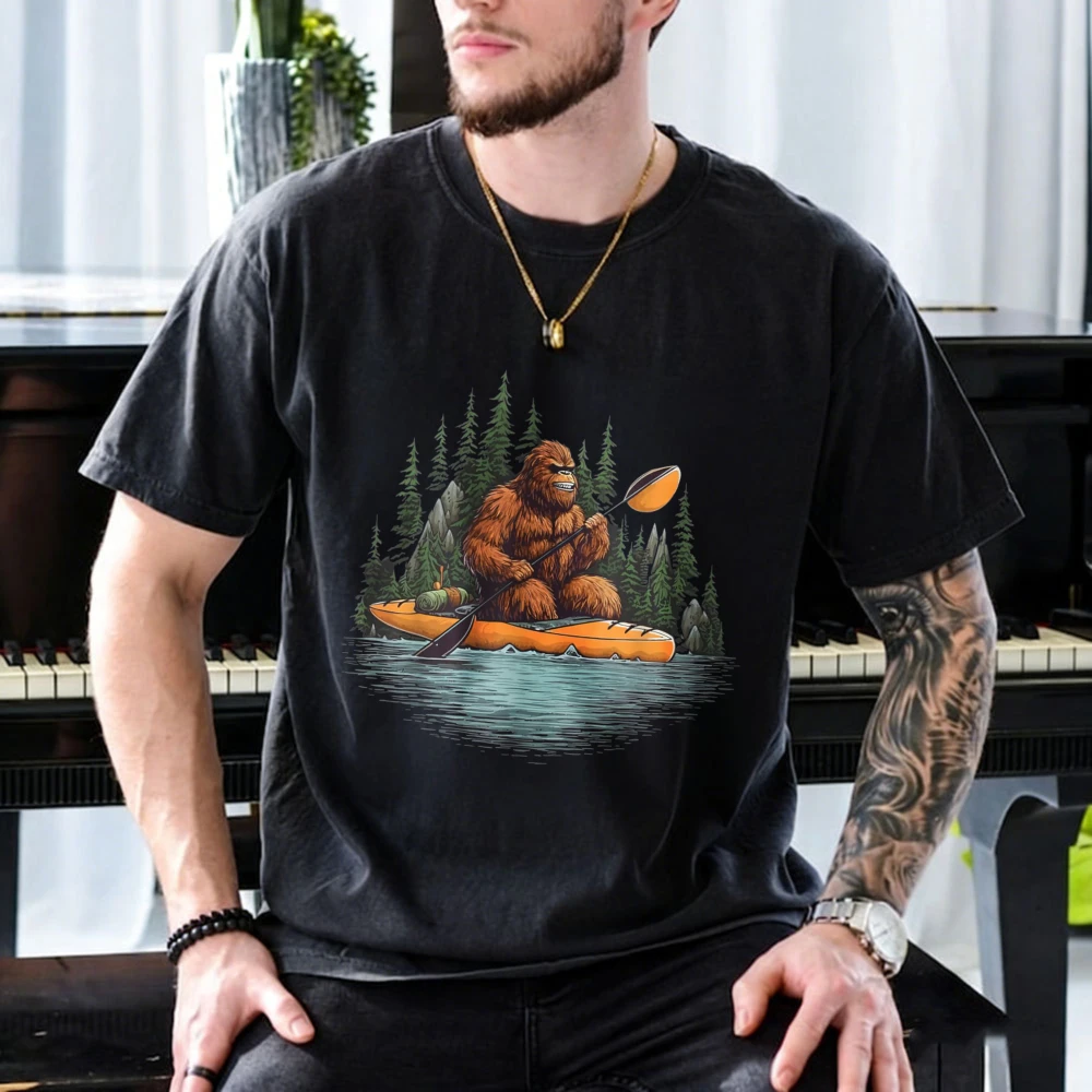 Bigfoot Kayak Paddling Lake Canoe Bigfoot Sasquatch Kayaking T-Shirt Funny Outdoors High Quality Cotton Short-sleev Casual Tops