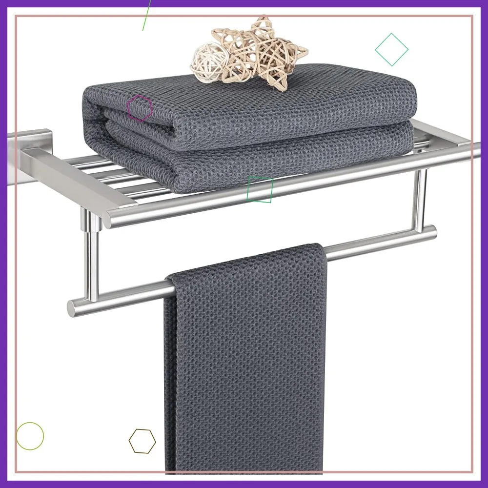 

16 Inch Wall Mounted Towel Rack with Shelf, SUS 304 Stainless Steel, Heavy Duty Bathroom Holder in Brushed Nickel