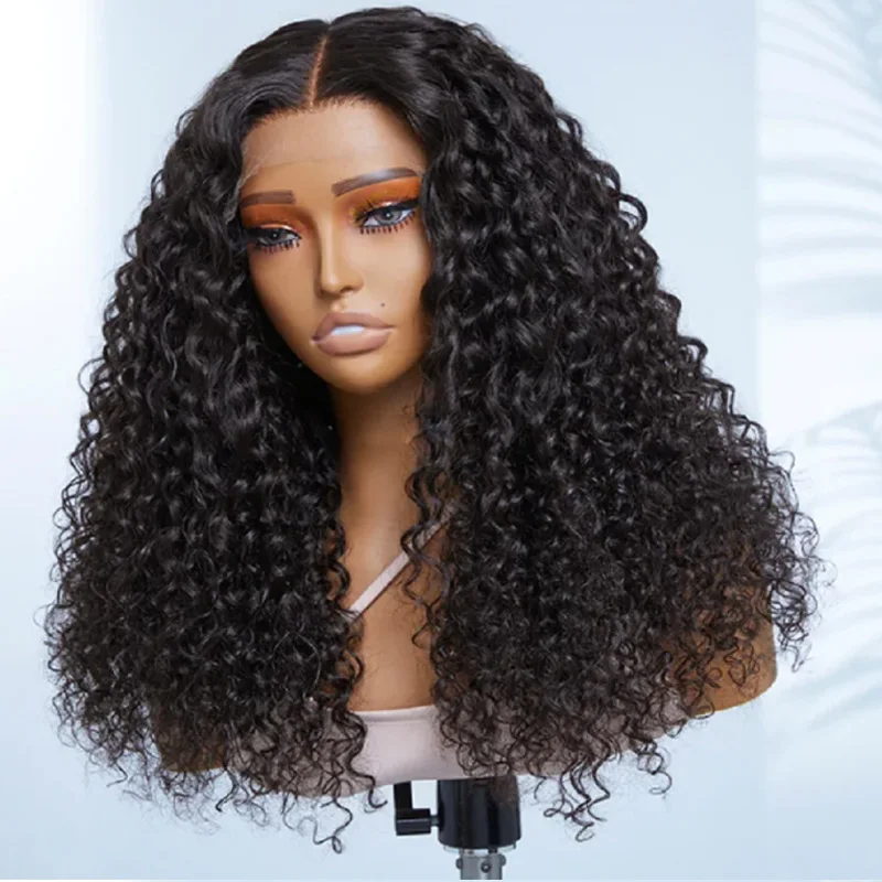 

Water Wave Glueless Soft Natural Black Color 26“Long 180Density Kinky Curly Lace Front Wig For Women With Baby Hair Preplucked