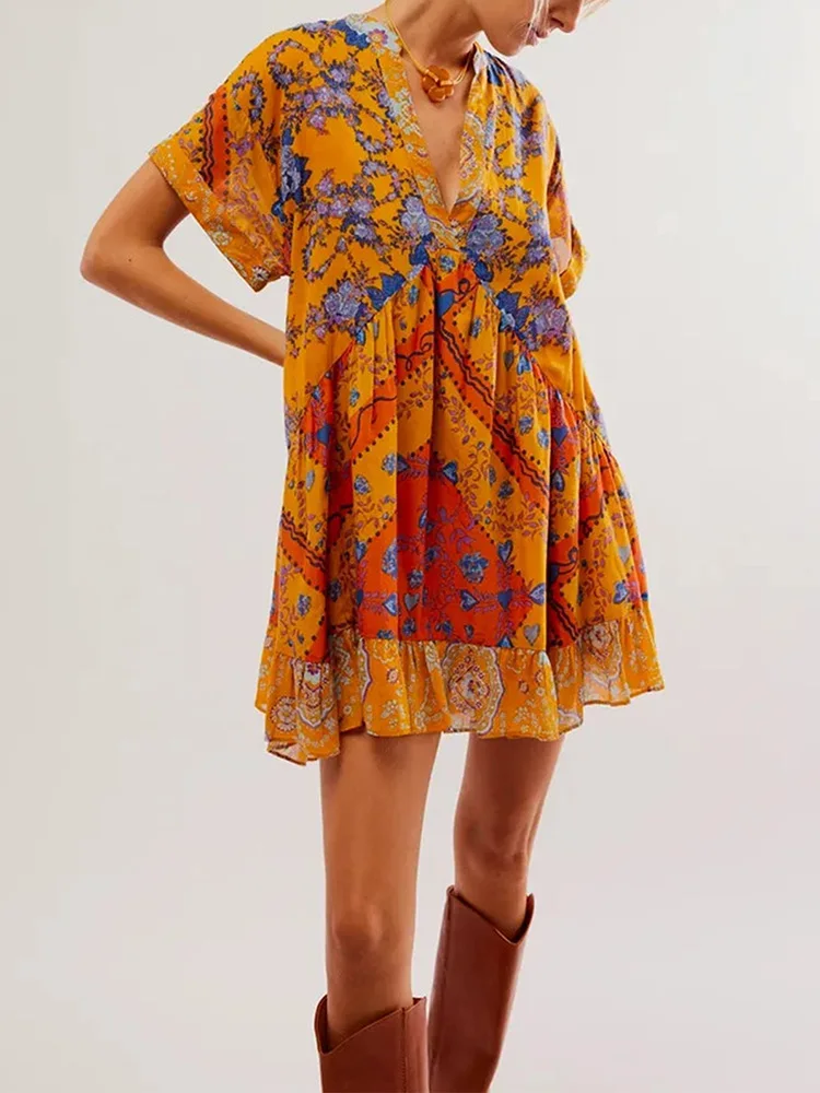 Damska patchworkowa sukienka na co dzień z krótkim rękawem, letnie wakacje, modna, prosta mini sukienka z nadrukiem, 2024 sukienka damska z głębokim dekoltem w szpic