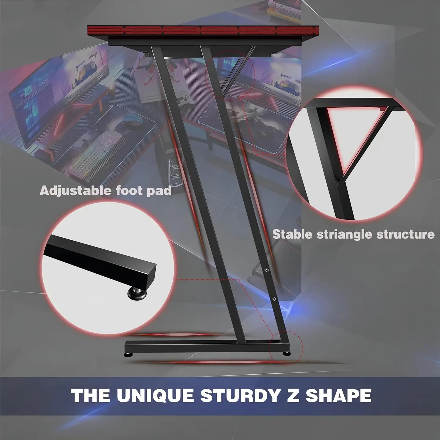 L deu forma à mesa do jogo, tabela de canto do computador, grande suporte do monitor, superfície da fibra do carbono, preto, 51"