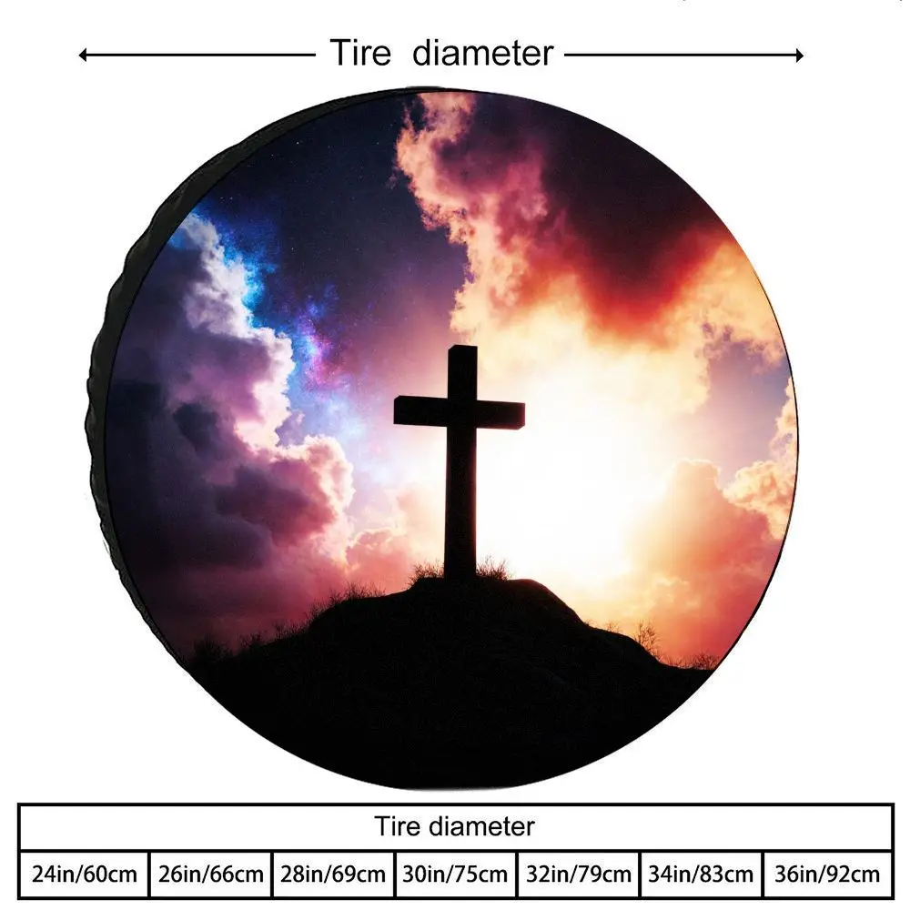 Подходит для внедорожников/фургонов. Чехол для шин с христианским крестом Grassy Hill Night Sky Sunrise Design - Сверхмощное запасное колесо из полиэфирного волокна, Al