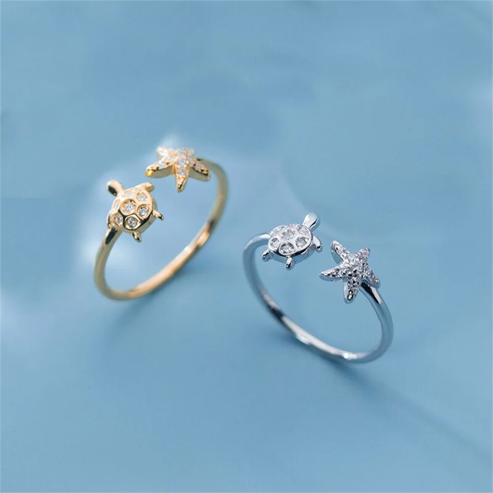 

S925 Sterling Silver Turtle Starfish Zircon Open Ring, Korean INS Style, Niche Women's Cute Animal Jewelry