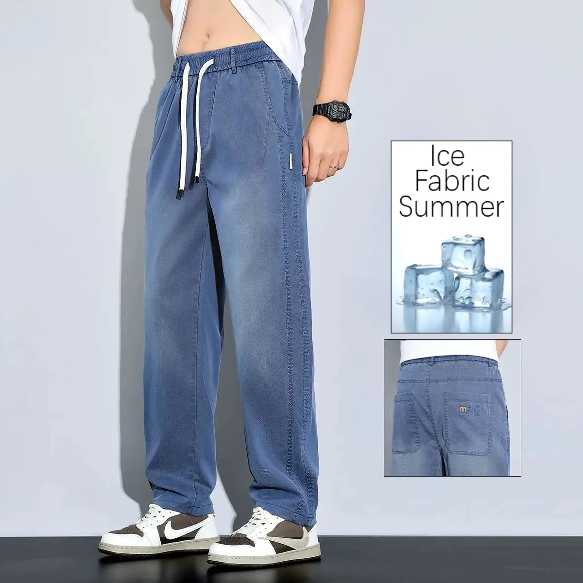 

2025 New Ice Silk Thin Denim Jeans For Men Blue Straight Stretch Cotton Pants Business Casual Lightweight Trousers Spring Summer