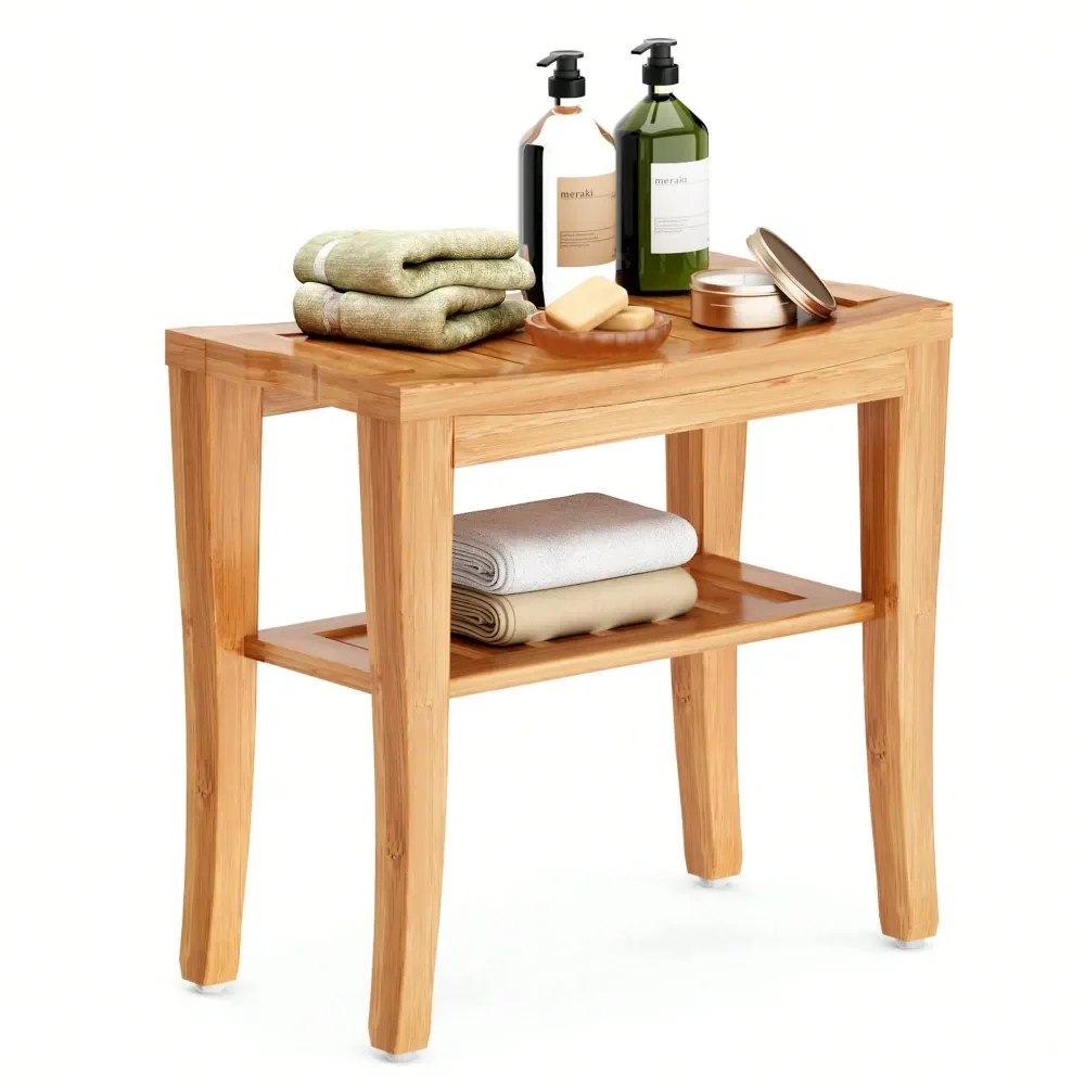 

Бамбуковая скамья для душа, водонепроницаемый стул для душа с полкой для хранения, деревянное сиденье-органайзер для ванной