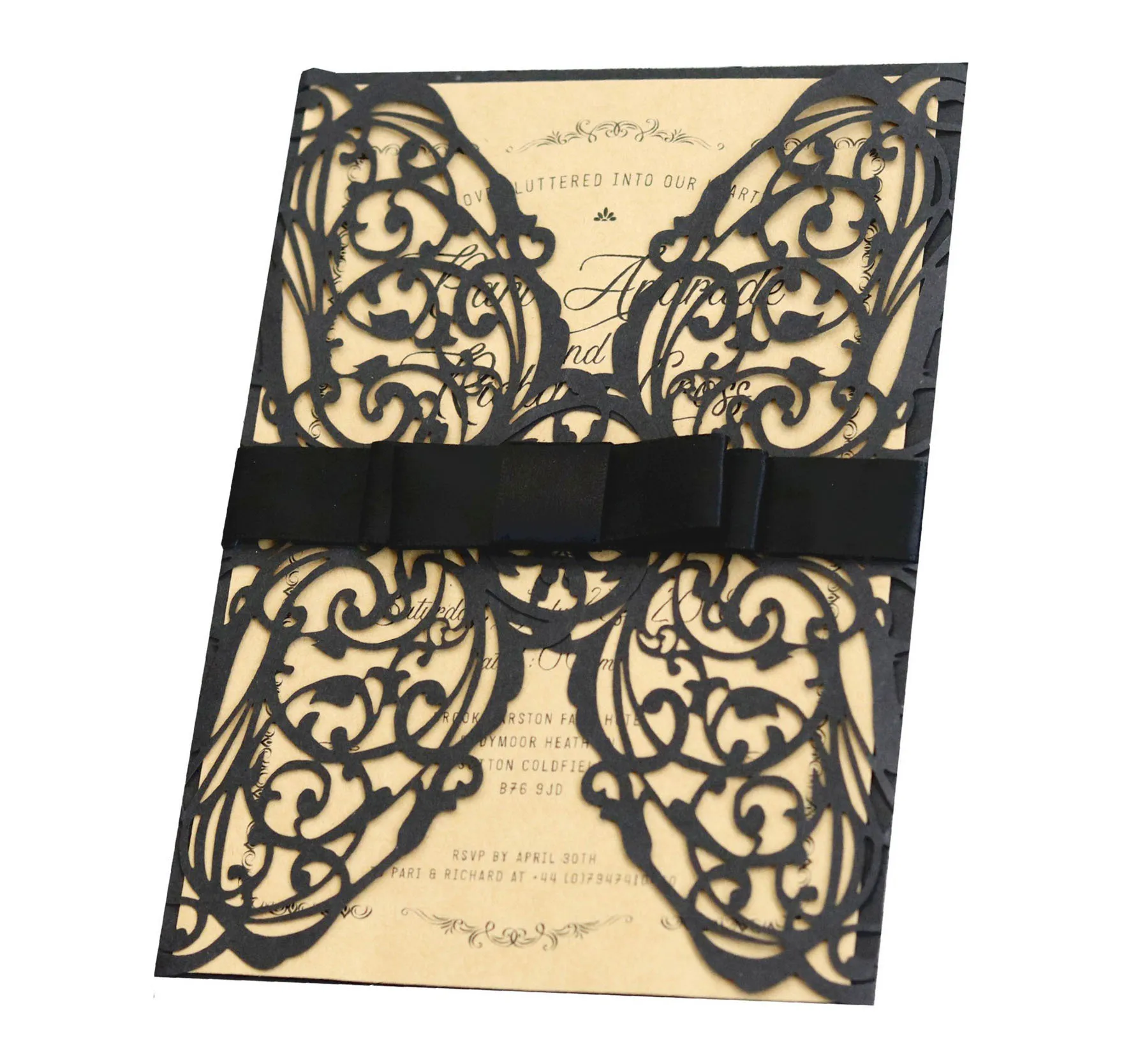 Black Invitation Cards With Ribbon For Wedding & Engagement Christening & Baptism,50Pcs