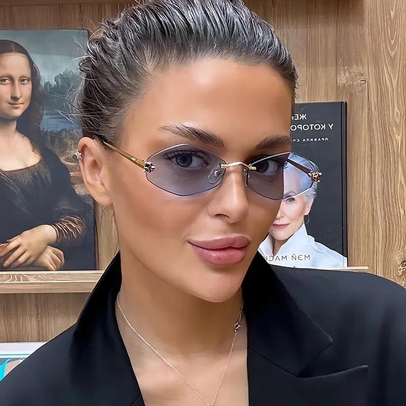 نظارات شمسية جديدة بدون إطار بحافة مقطوعة على شكل ألماس نظارات شمسية مخصصة بنقشة الفهد مقاومة للأشعة فوق البنفسجية بإطار صغير UV400 #4