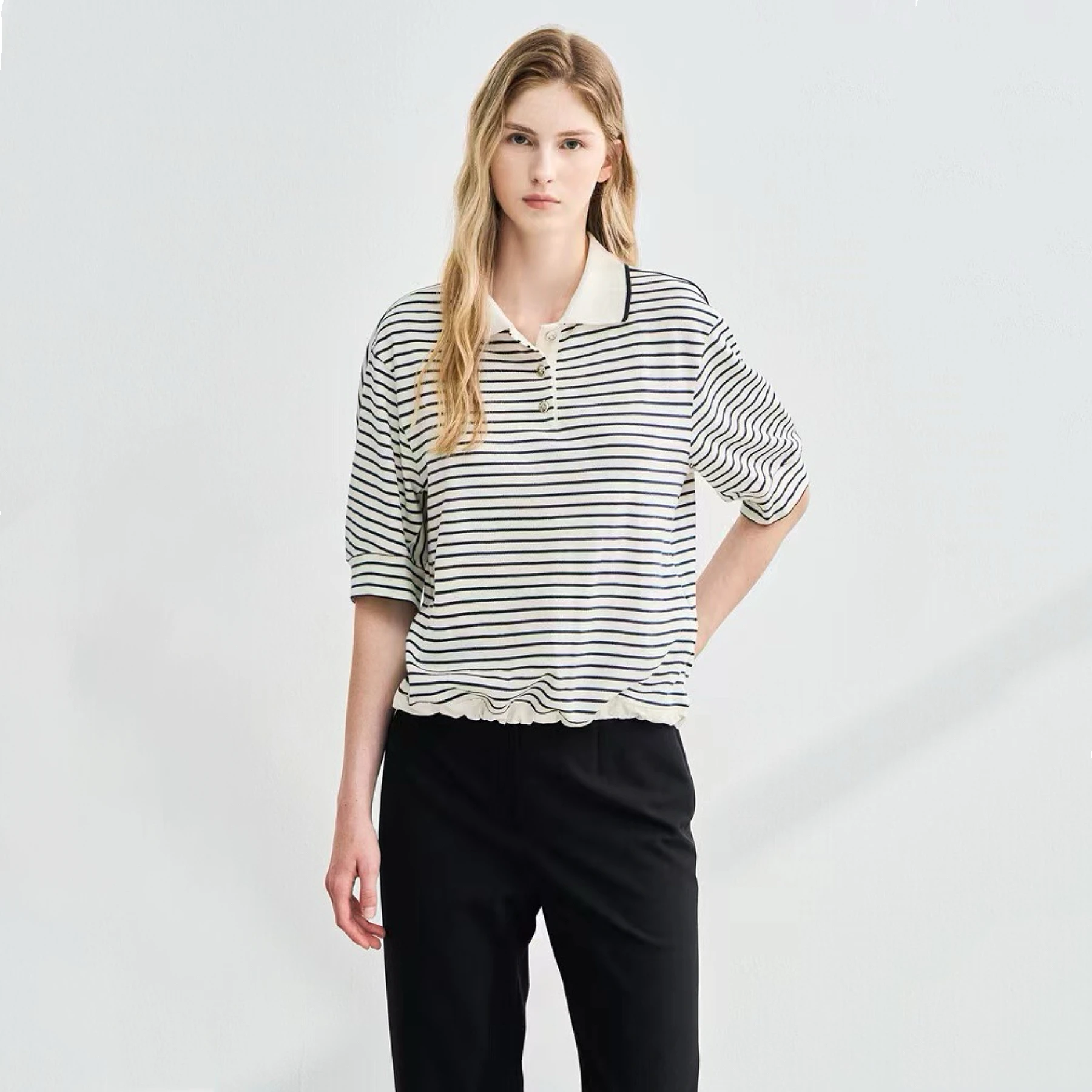

Slim Fit Pure Cotton irt with Waist Cinching mid Sve Turn-down Collar Classic Striped T-irt for Women