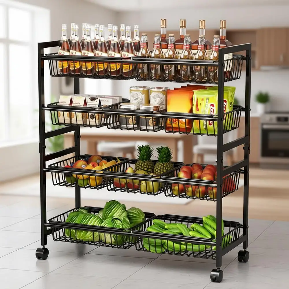 

4-уровневая регулируемая кухонная тележка на колесиках с 10 корзинами, металлическая тележка 29 дюймов для закусок, фруктов, овощей (черная)