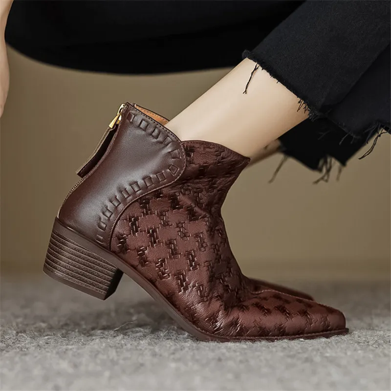 2023 jesienne buty damskie z prawdziwym skórzane buty damskie szpiczastym noskiem buty zimowe damskie Zapatos Mujer Vintage krótkie buty