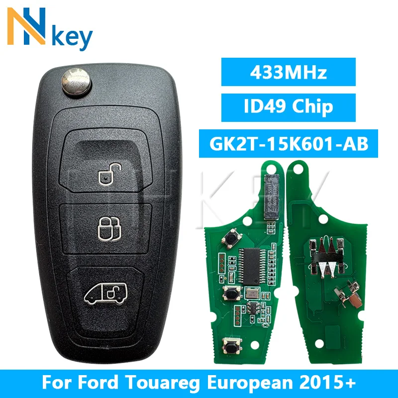 

NHKEY For Ford Touareg European 2015+ FCCID:GK2T-15K601-AB ID49 PCF7945F Chip 433MHz Flip Remote 3 Button Key HU101 Blade Fob