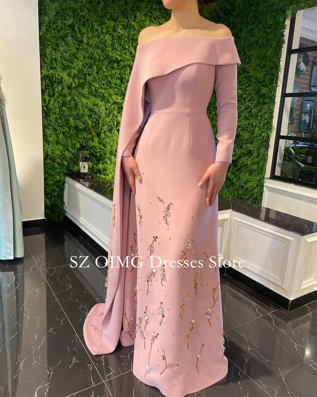 OIMG Off the Shoulder Crepe Satin Women Vintage Modest Prom Dresses Long Sleeves Beading Evening Gowns 2024 Formal Party Dress