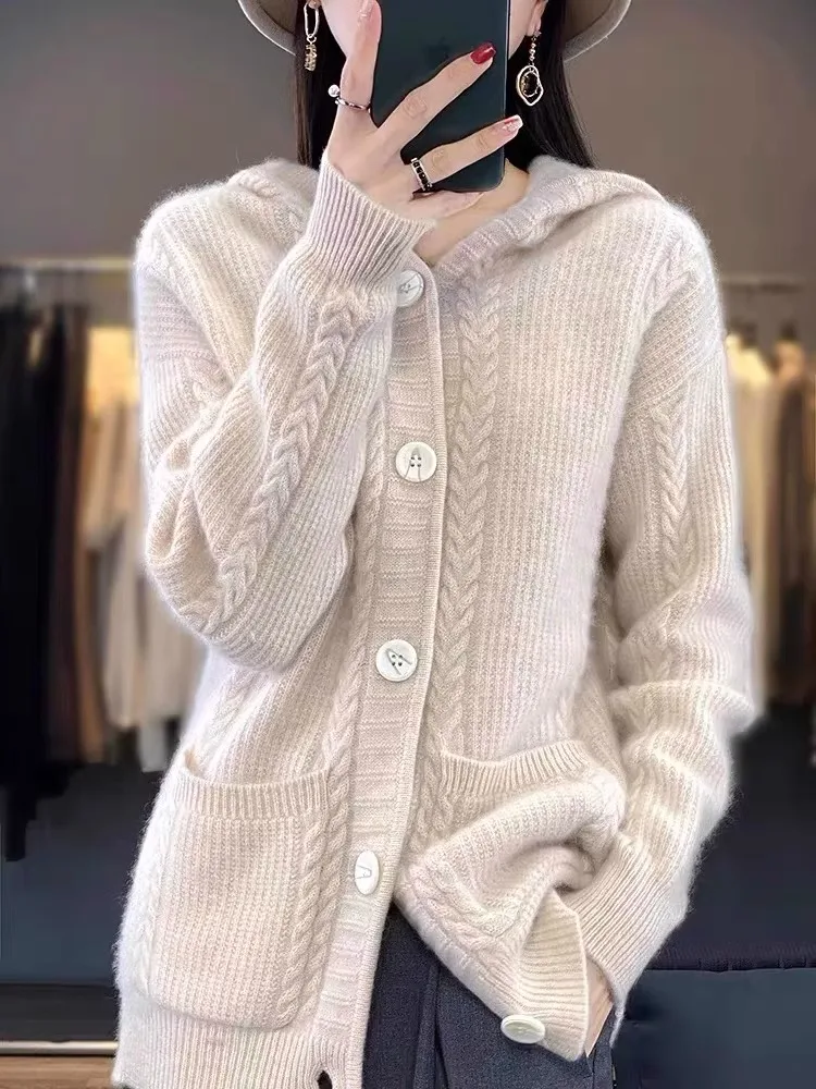 

Thiened Camere Hooded Open Cardigan Knitted Woolen Sweater Mid-Length Women's Premium Quali Label Removed Outerwear