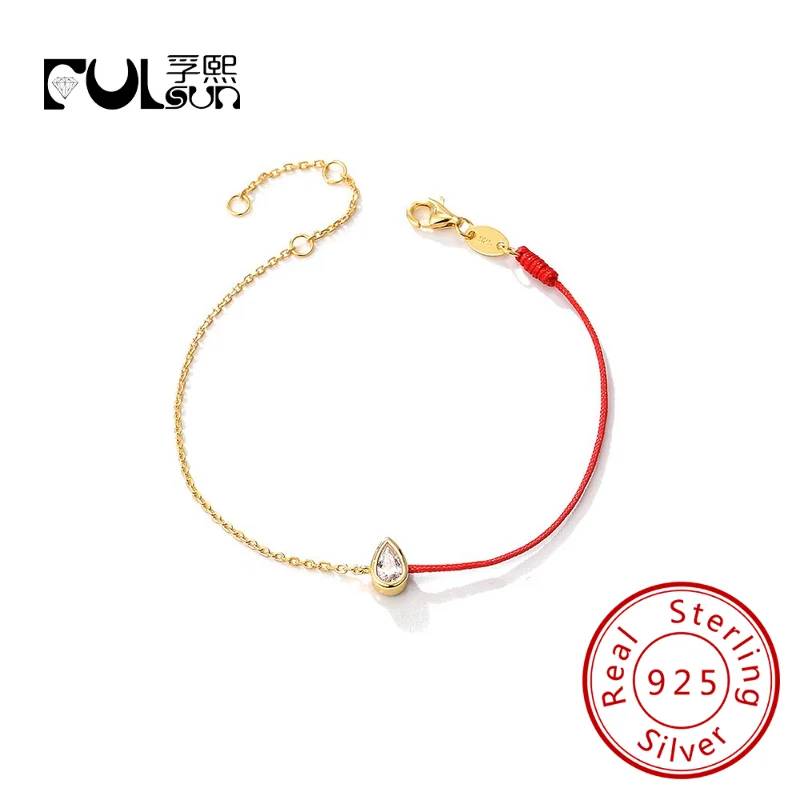 Chinese Retro 925 Sterling Silver Female Adjustable Chain 14k Gold Plated Transfer Belt pear Zircon Stitching red Rope Bracelet