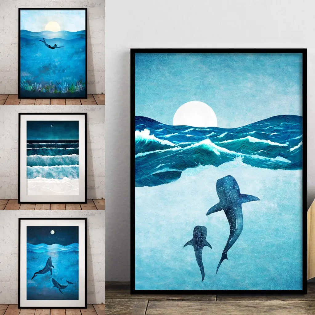 Blue Ocean Canvas Prints Minimalist Nautical Wall Art Wild Swimming Whales Seascape Poster Surfer Waves Picture Home Decor