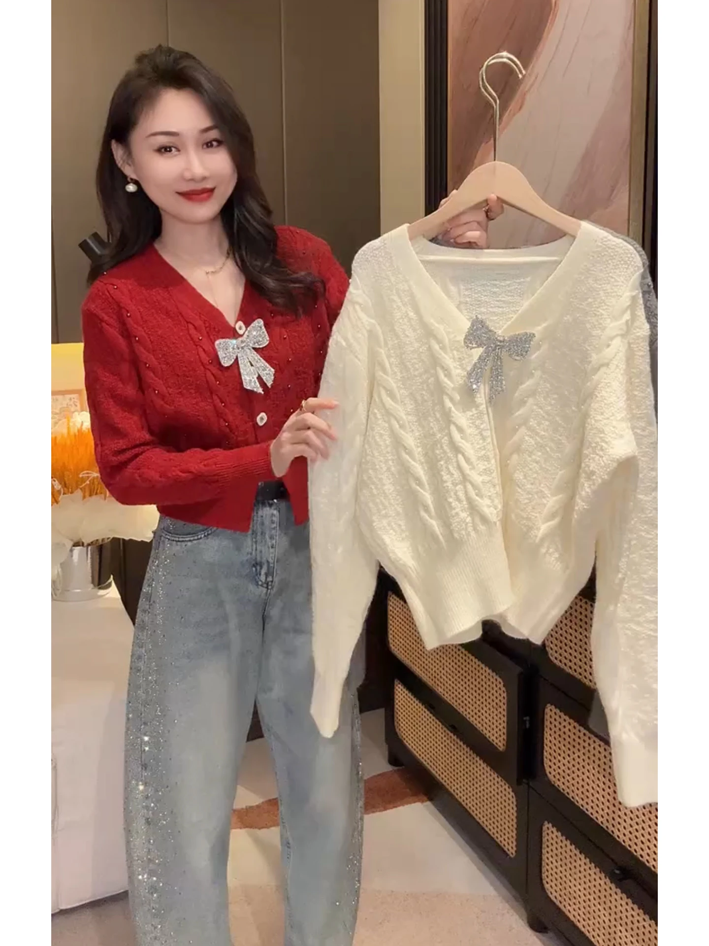 

Winter New Sle Bead Embellied V-Ne Knitted Open Cardigan Women's Knot Slim Fit Sweater French Sle Long Sve