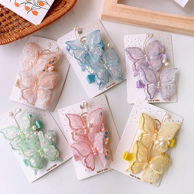 

2 шт., легкие тюлевые легкие двухслойные заколки в сказочном стиле с блестками и жемчугом-бабочкой, милые свежие детские аксессуары для волос