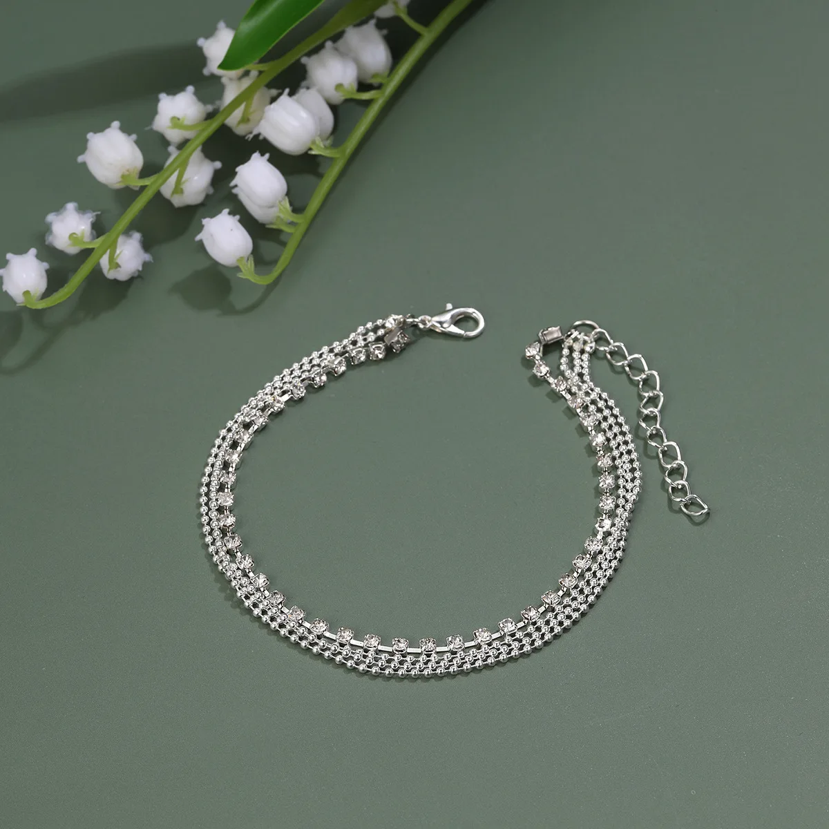 Rhinestone Bead Metal Chain Anklet Layered Summer Beach Sparkly Round Bead Strand Foot Jewelry for Women