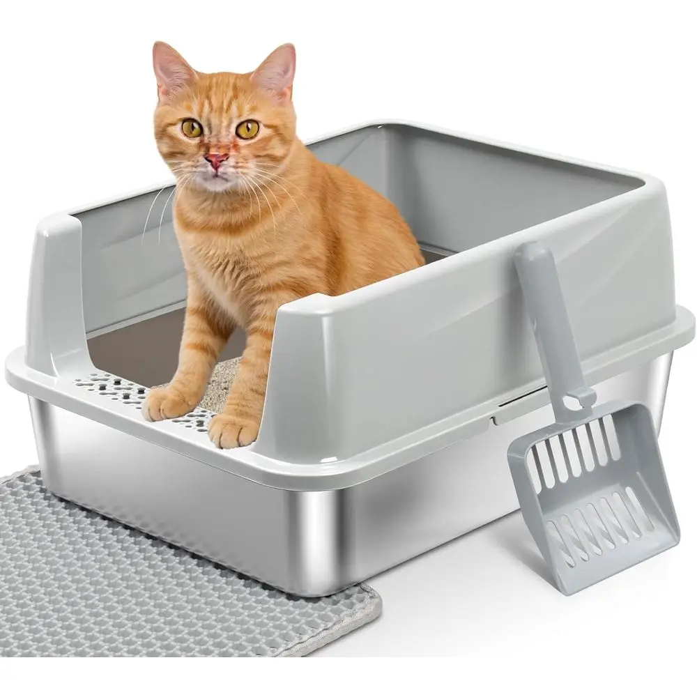 

Elevated Metal Cat Litter Box with Lid, Low Entry for Small to Medium Cats, Easy Clean, Anti-Leak, Scoop and Mat Included